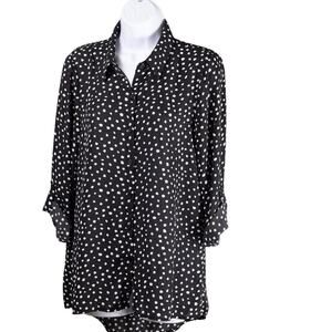 NEIMAN Marcus Sheer Black Cream Spotted Long Sleeve Blouse, Size Medium